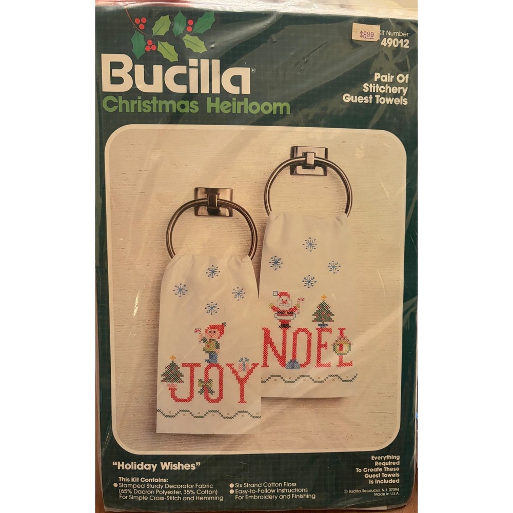 Vintage Bucilla Christmas Heirloom Holiday Wishes Guest Towels Kit 49012 Stamped
